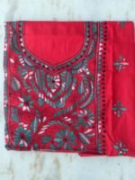 Dark-red and green Kanthawork Cotton ladies kurta fabric