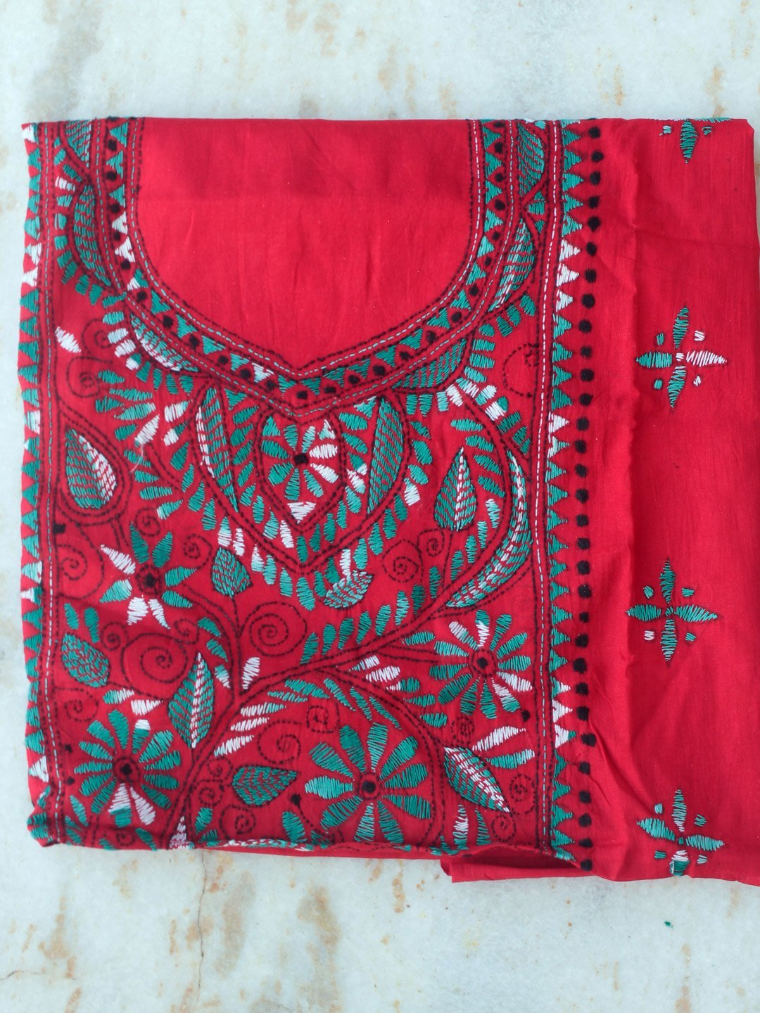 Dark-red-green-and-white-kanthawork-cotton-ladies-kurta-fabric.jpg Dark-red and green Kanthawork Cotton ladies kurta fabric - Image 1