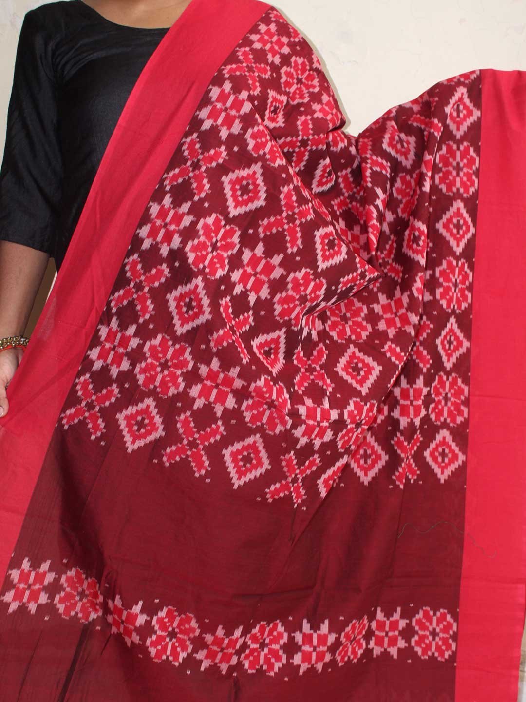 Dark-red-mercerized-cotton-ikat-dupatta.jpg Red mercerized cotton ikkat Dupatta - Image 1