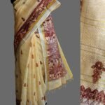 Ecru and Geru-Red Zariwork Madhubani Linen Sari