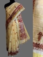 Ecru and Geru-Red Zariwork Madhubani Linen Sari