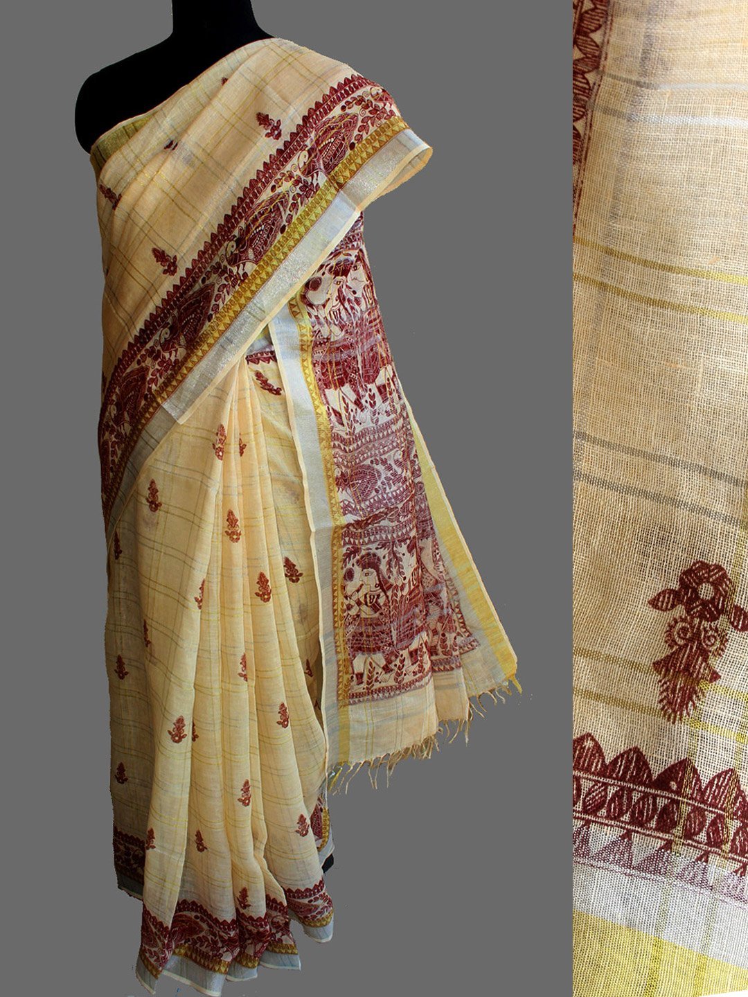 Ecru-and-geru-red-madhunai-linen-sari.jpg Ecru and Geru-Red Zariwork Madhubani Linen Sari - Image 1