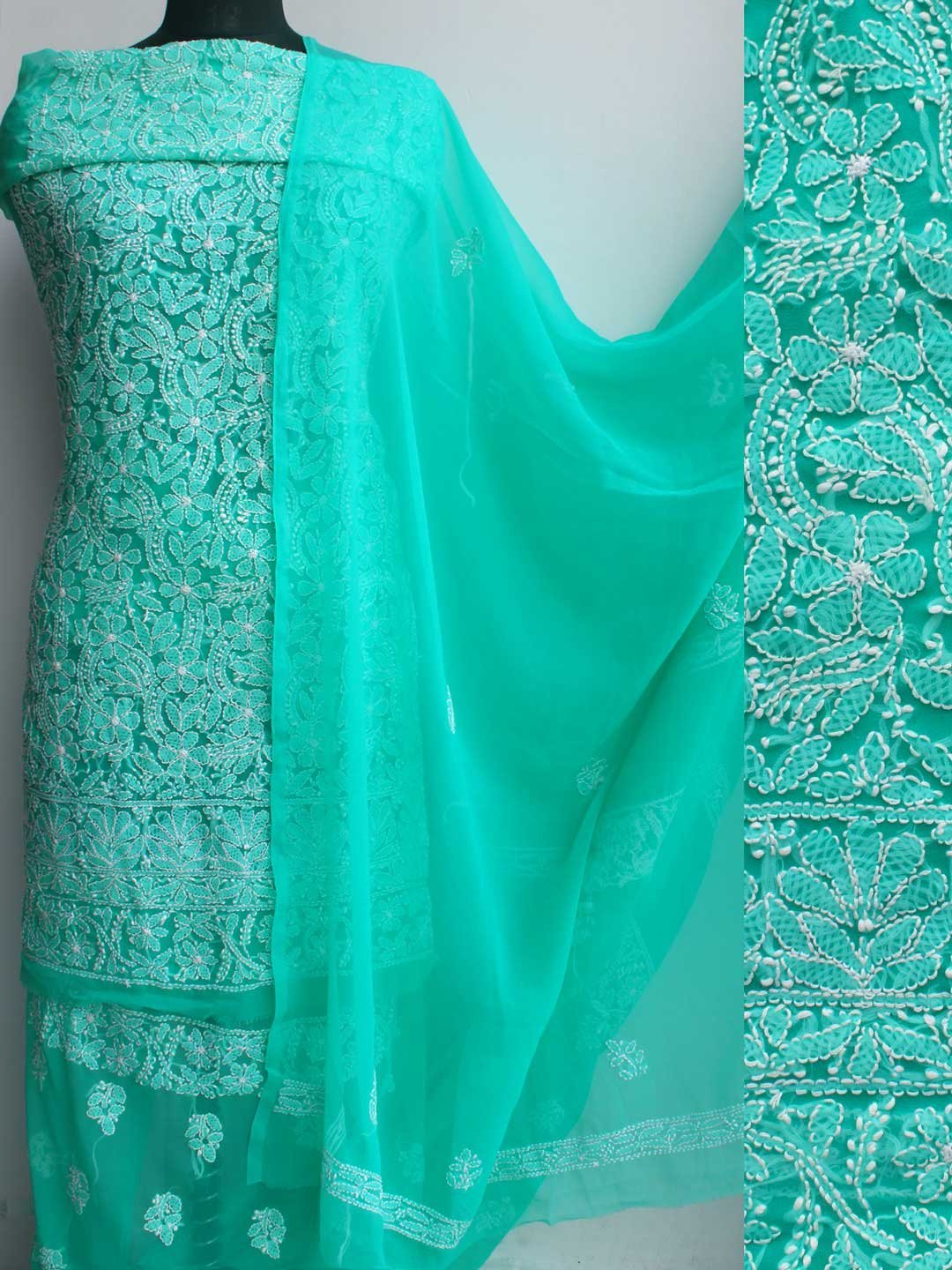 Emereald-green-Georgette-chikankari-dress-material-Shilphaat.jpg Emerald-Green Georgette Chikankari Dress-Material - Image 1