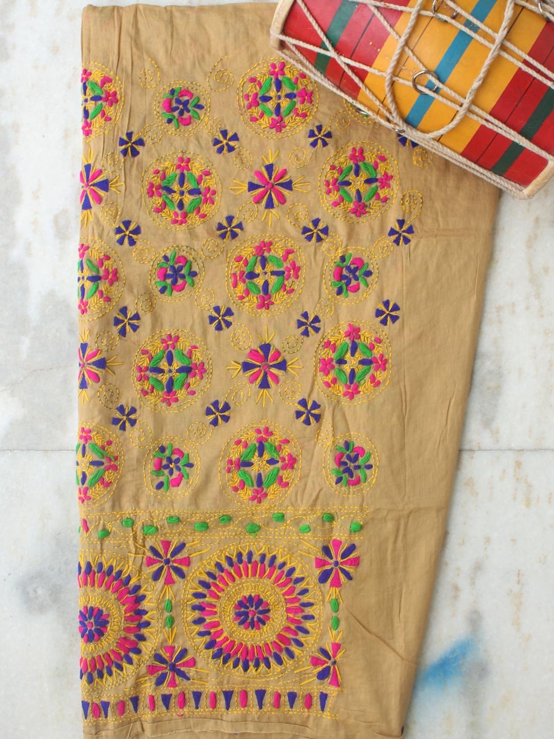 Fawn-brown-cotton-phulkari-punjabi-salwar.jpg Fawn-Brown cotton Phulkari Salwar Fabric - Image 1