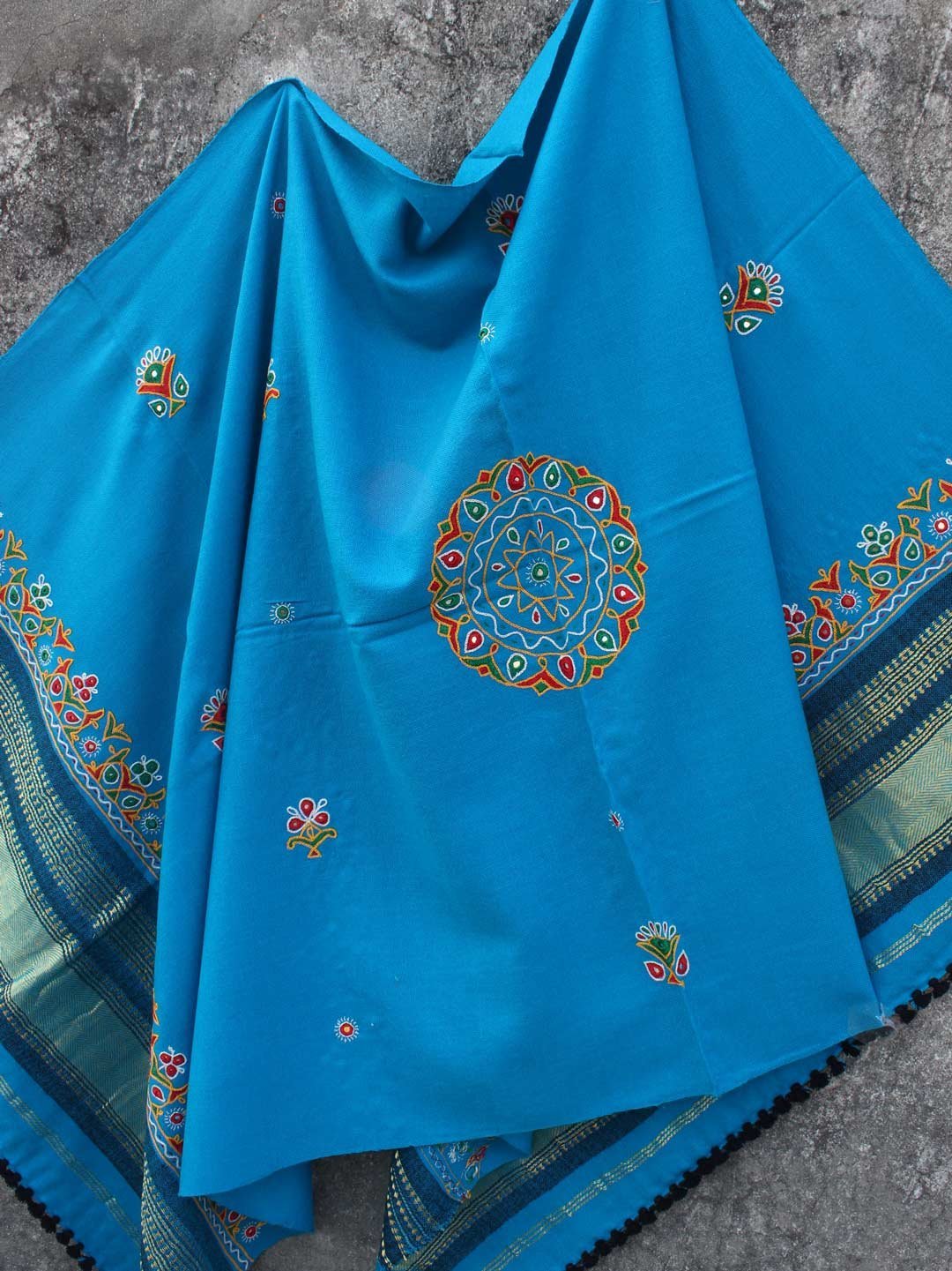 Firozi-Blue-Ahir-embroiderd-Woolen-Shawl.jpg Firozi-Blue Ahir Embroidered Woolen Shawl - Image 1