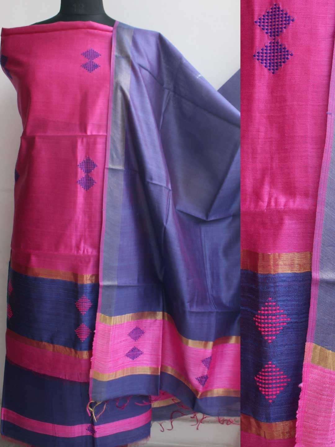 Fushia-Pink-and-Dark-Blue-Dupion-Silk-dress-material.jpg Dark-Pink and Navy-Blue Dupion silk Ladies suit - Image 1