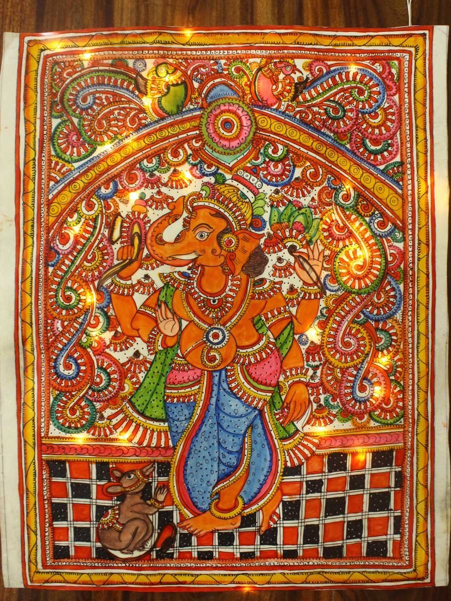 Ganesha-and-Mushak-leather-tholu-bommalata-leather-painting.jpg Ganesha and Mushak Tholu Bommalata Painting - Image 1