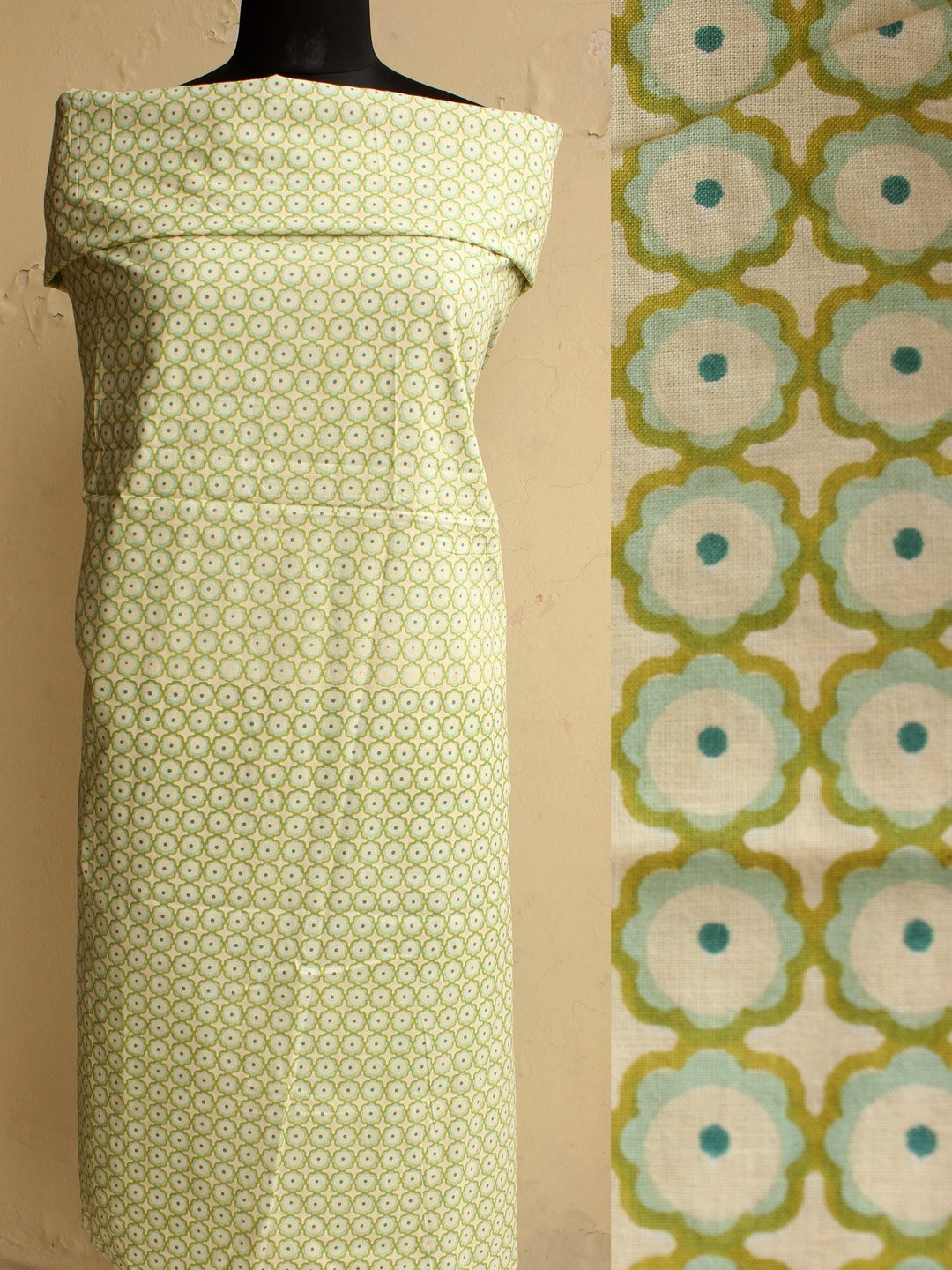 Green-Block-printed-cotton-fabric-.jpg Green and White Block-printed Cotton Kurta Fabric - Image 1