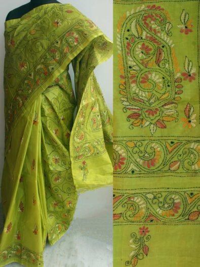 Dhani Green Kanthawork Tussar Silk Saree