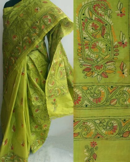 Dhani Green Kanthawork Tussar Silk Saree