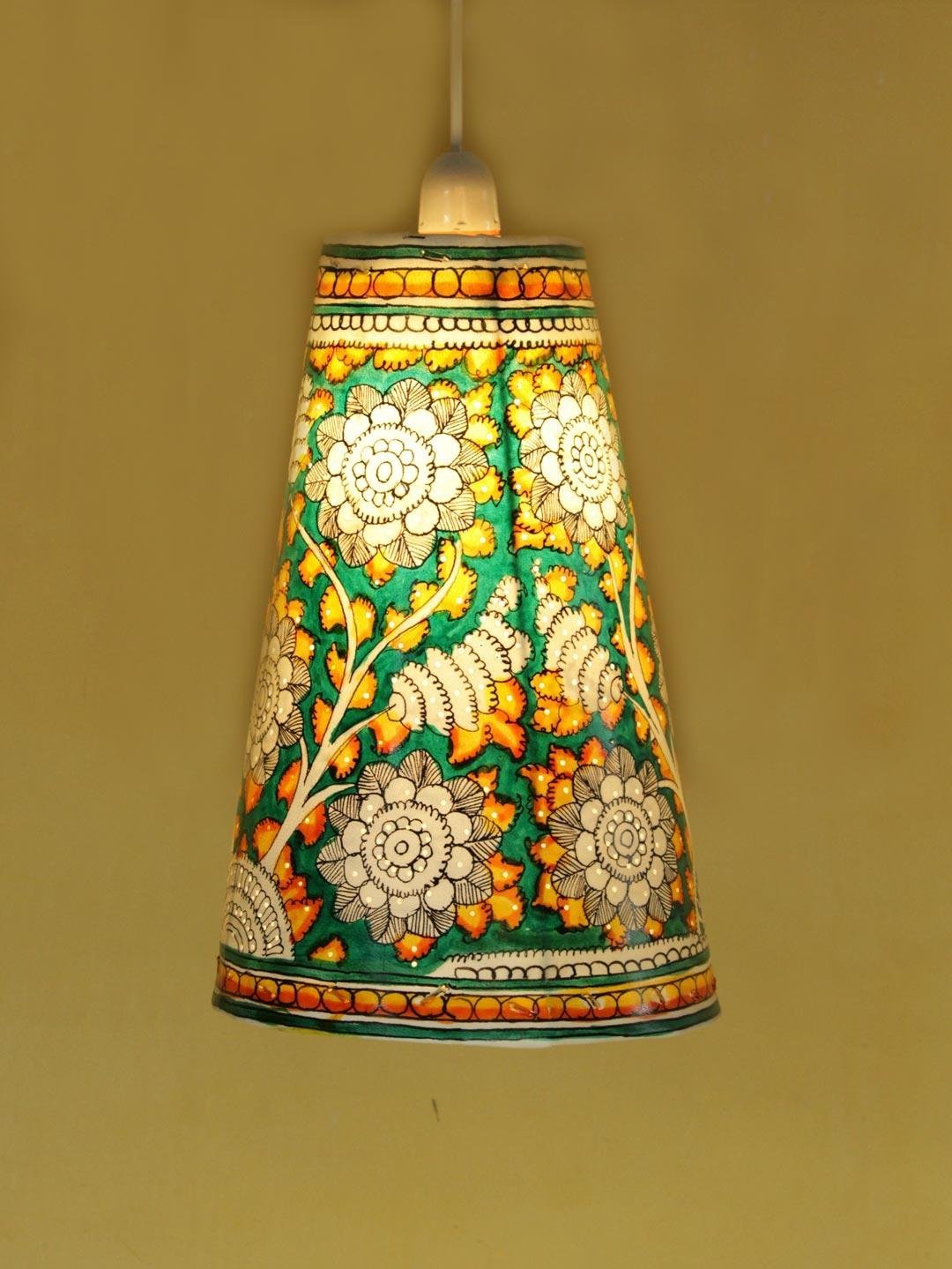 Green-and-Off-white-tholu-bommalata-hanging-lamp.jpg Green and Yellow Traditional Hanging Lamp - Image 1