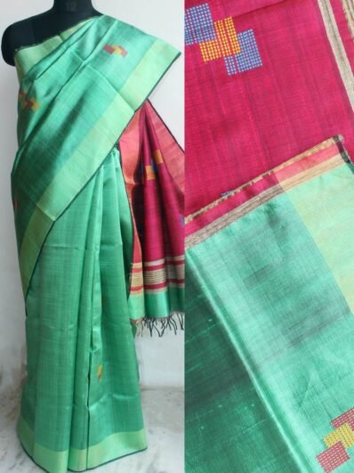 Green and Pink Mulberry dupion silk saree