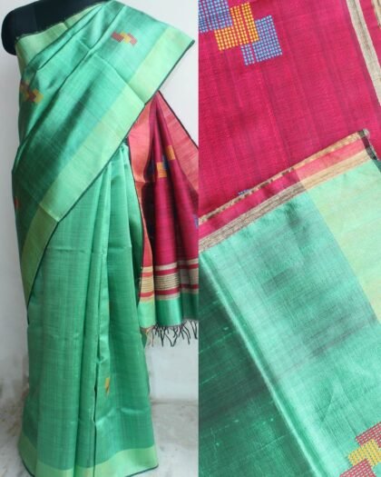 Green and Pink Mulberry dupion silk saree