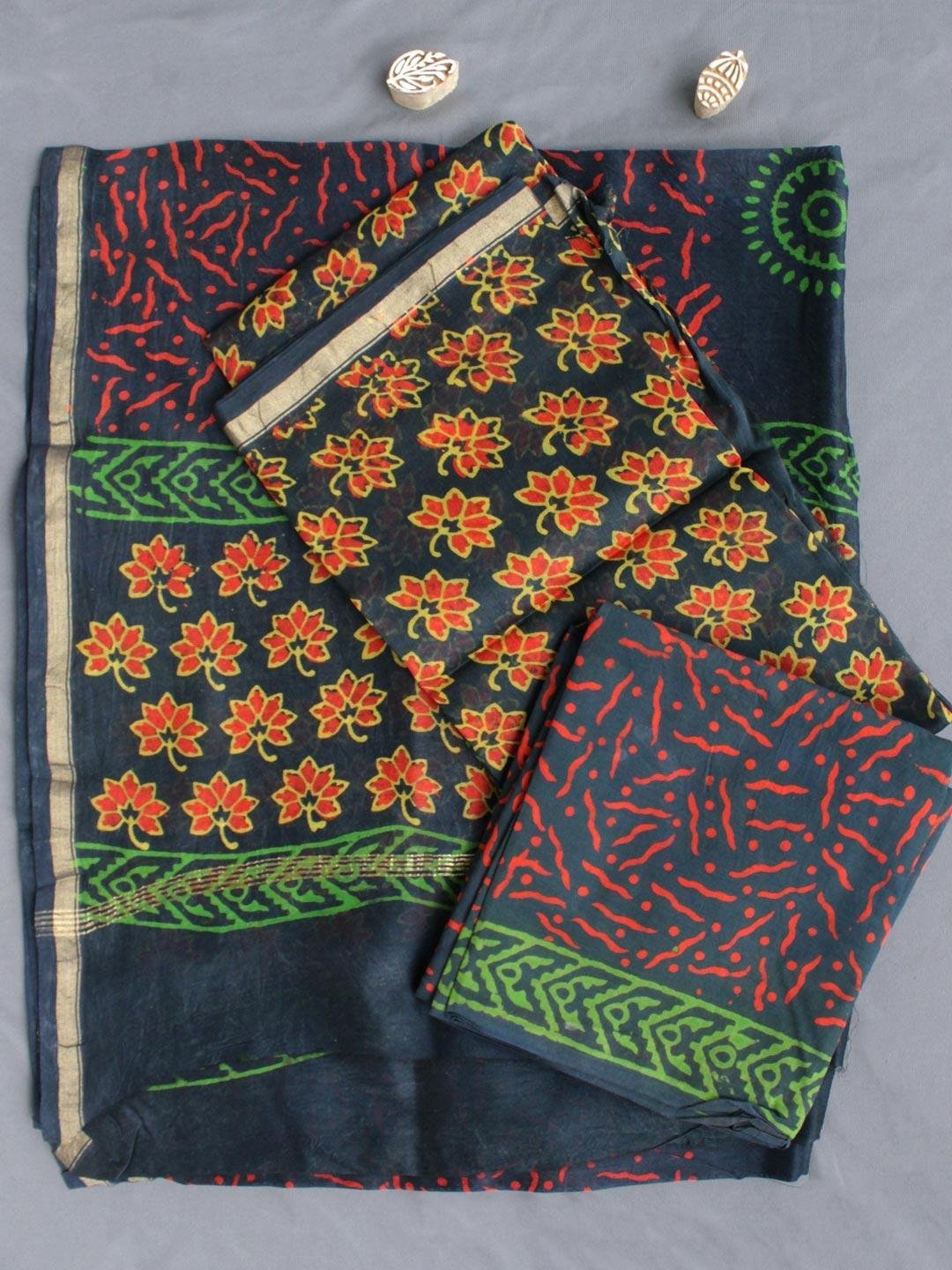 Green-and-Yellow-block-printed-silk-cotton-dress-material-2.jpg Green and Orange Block-printed Chanderi Ladies Suit - Image 1