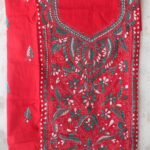 Green, Bright-Red Kanthwork Cotton Kurta Fabric