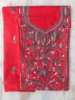 Green, Bright-Red Kanthwork Cotton Kurta Fabric