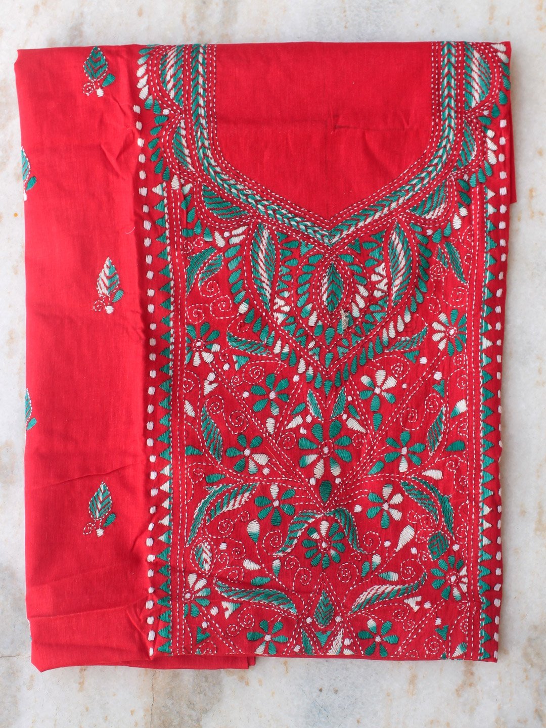Green-and-bright-red-kanthawork-cotton-ladies-kurta-fabric.jpg Green, Bright-Red Kanthwork Cotton Kurta Fabric - Image 1