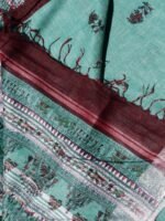 Green and Wine-Red Warli Linen Sari - Image 3