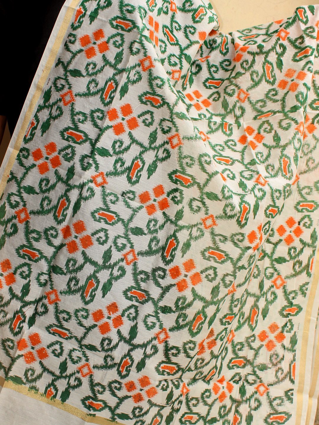 Green-and-orange-screen-printed-art-chanderi-dupatta.jpg Green and orange Screen-printed art-chanderi Dupatta - Image 1