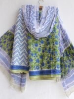 Blue, Green, White Block-Printed 3pc Cotton Suit Set