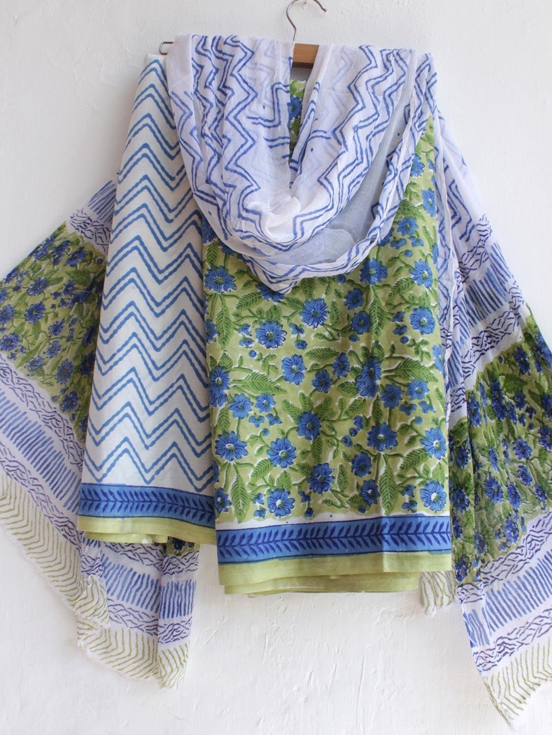 Green-and-white-block-printed-cotton-dress-material.jpg Blue, Green, White Block-Printed 3pc Cotton Suit Set - Image 1