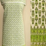 Green and White Block-printed Voile cotton Fabric