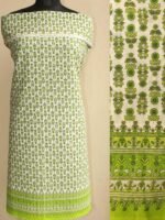 Green and White Block-printed Voile cotton Fabric