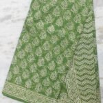 Green and White Block-Printed Mul-cotton Sari