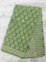 Green and White Block-Printed Mul-cotton Sari