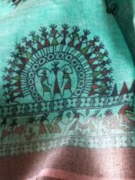 Green and Wine-Red Warli Linen Sari - Image 5