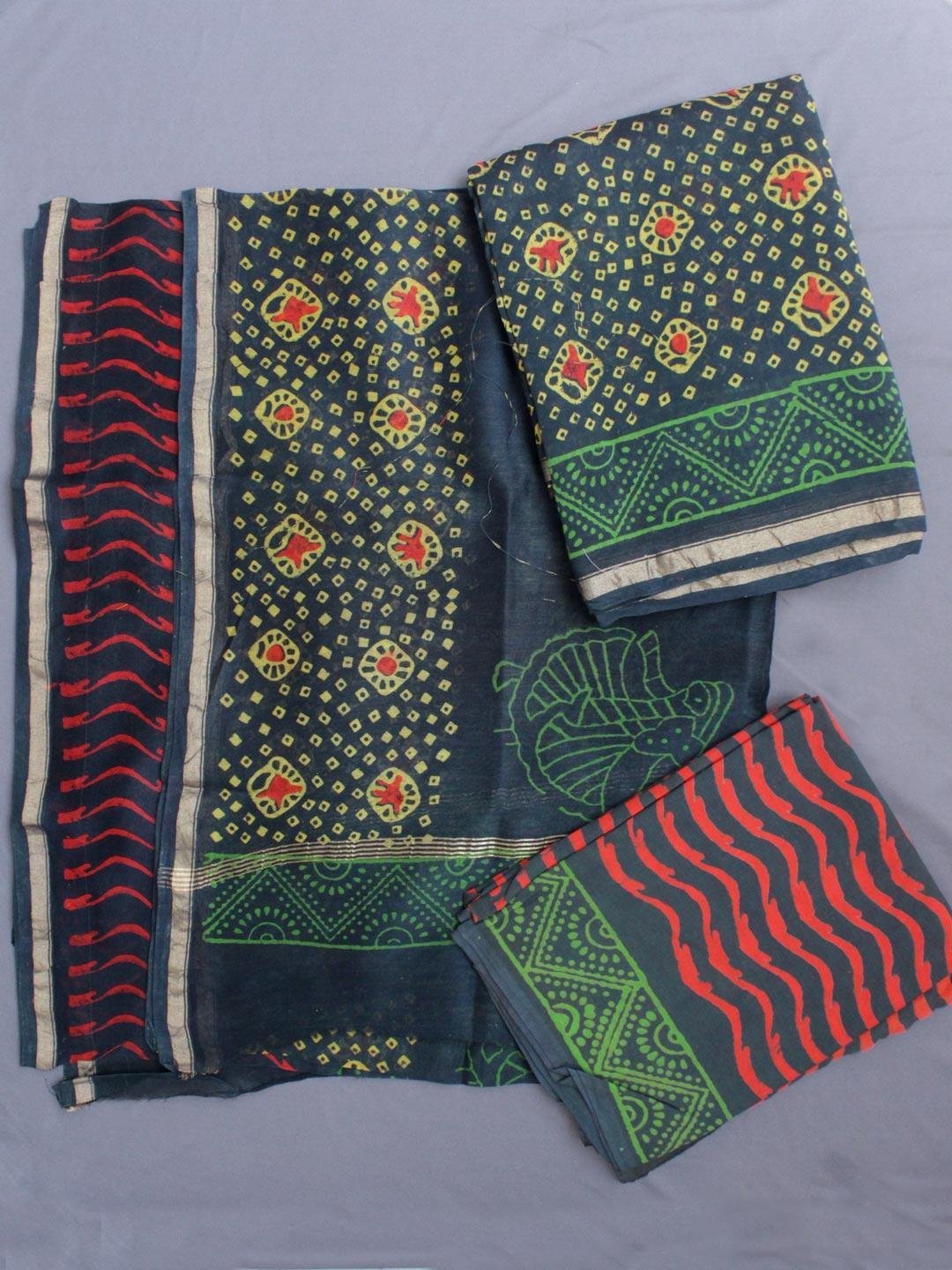Green-and-yellow-block-printe-chanderi-3pc-ladies-suit.jpg Green and Yellow Block-Print Chanderi Dress-material - Image 1