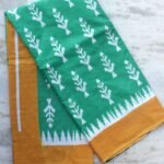 Green and yellow block-printed mul-cotton sari