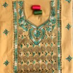 Green, Black kanthawork on Beige cotton Fabric
