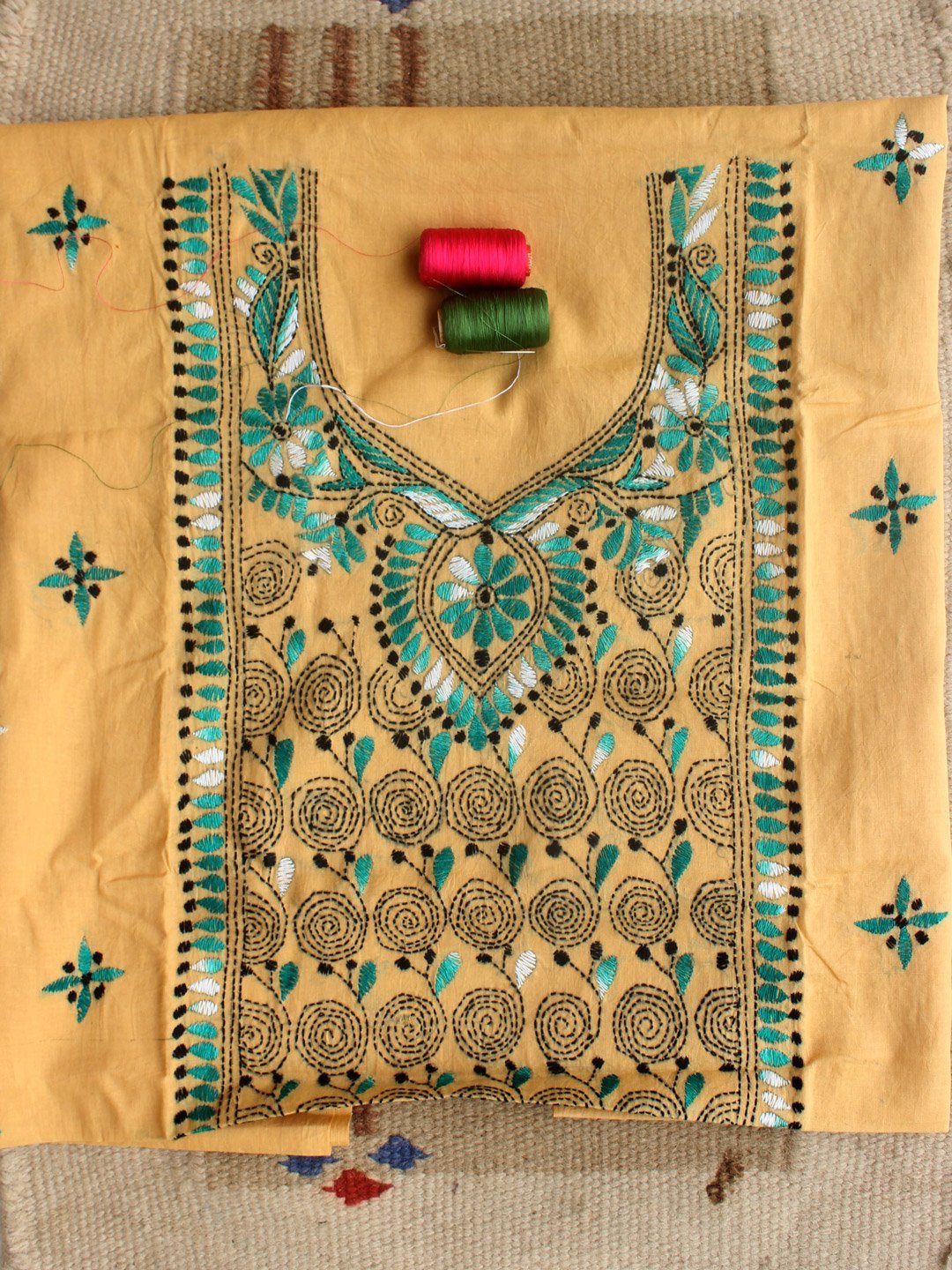 Green-black-kanthawork-on-beige-cotton-kurta-fabric.jpg Green, Black kanthawork on Beige cotton Fabric - Image 1