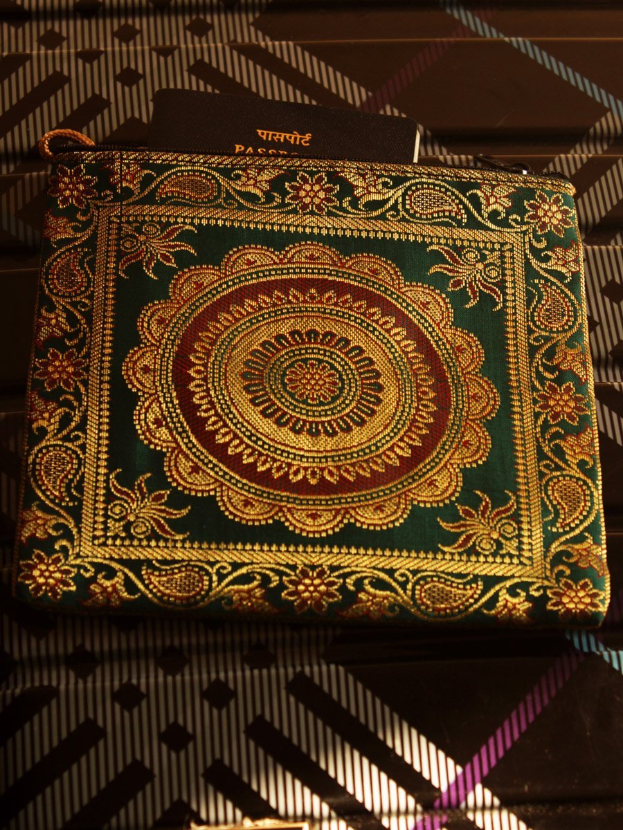 Green-brocade-passport-bag.jpg Green Silk brocade sling bag - Image 1