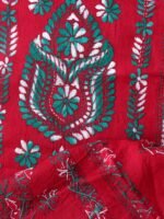 Green Kanthawork on Dark-Red Cotton kurta Fabric - Image 3