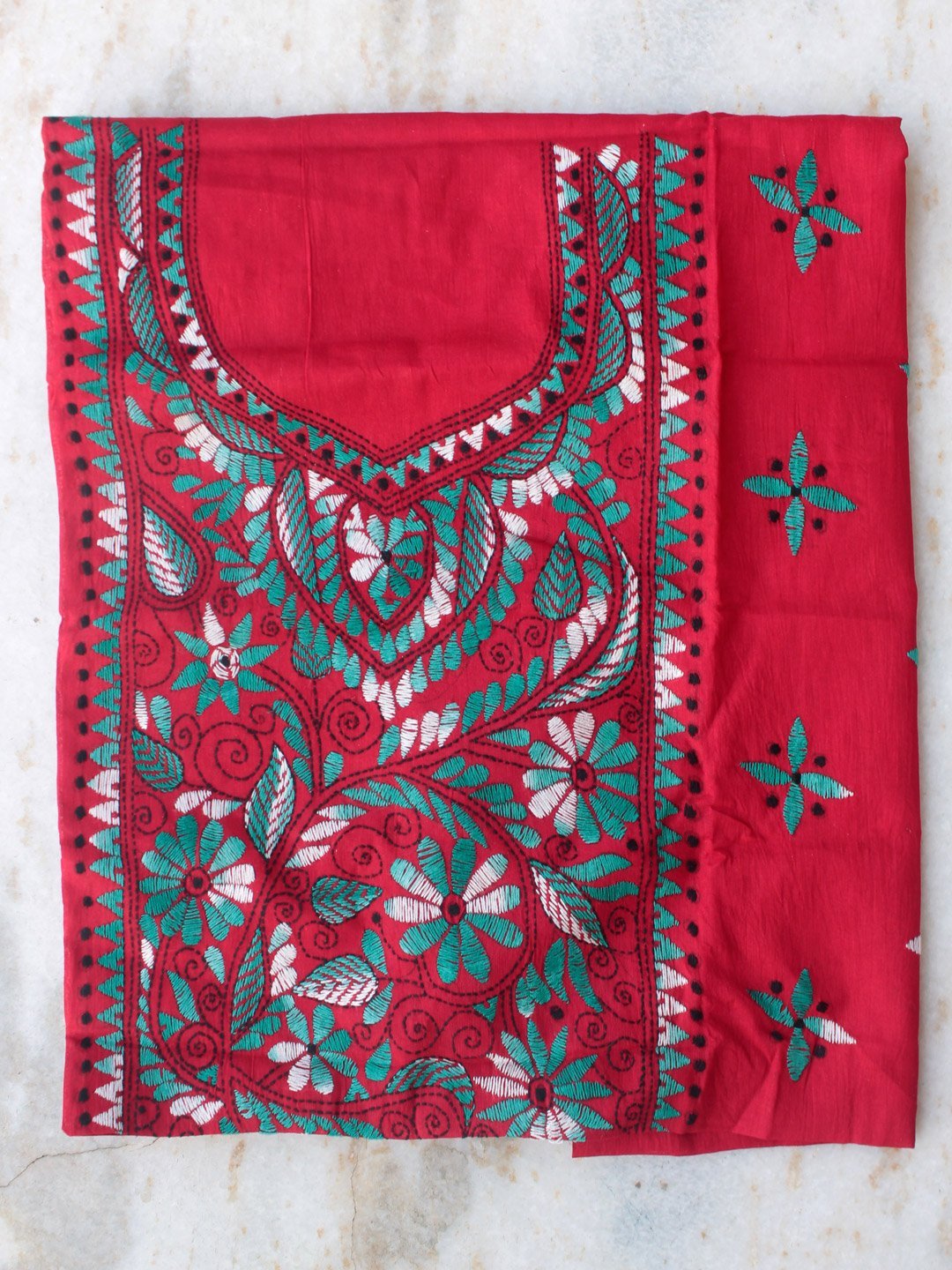 Green-kanthawork-Dark-red-cotton-kurta-fabric.jpg Green kanthawork Dark-red Cotton Kurta Fabric - Image 1