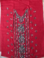 Green Kanthawork on Dark-Red Cotton kurta Fabric - Image 2