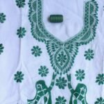 Green Kantha on White cotton Kurta fabric