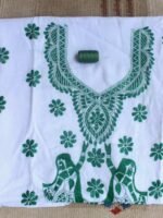 Green Kantha on White cotton Kurta fabric
