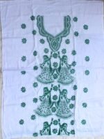 Green Kantha on White cotton Kurta fabric - Image 3