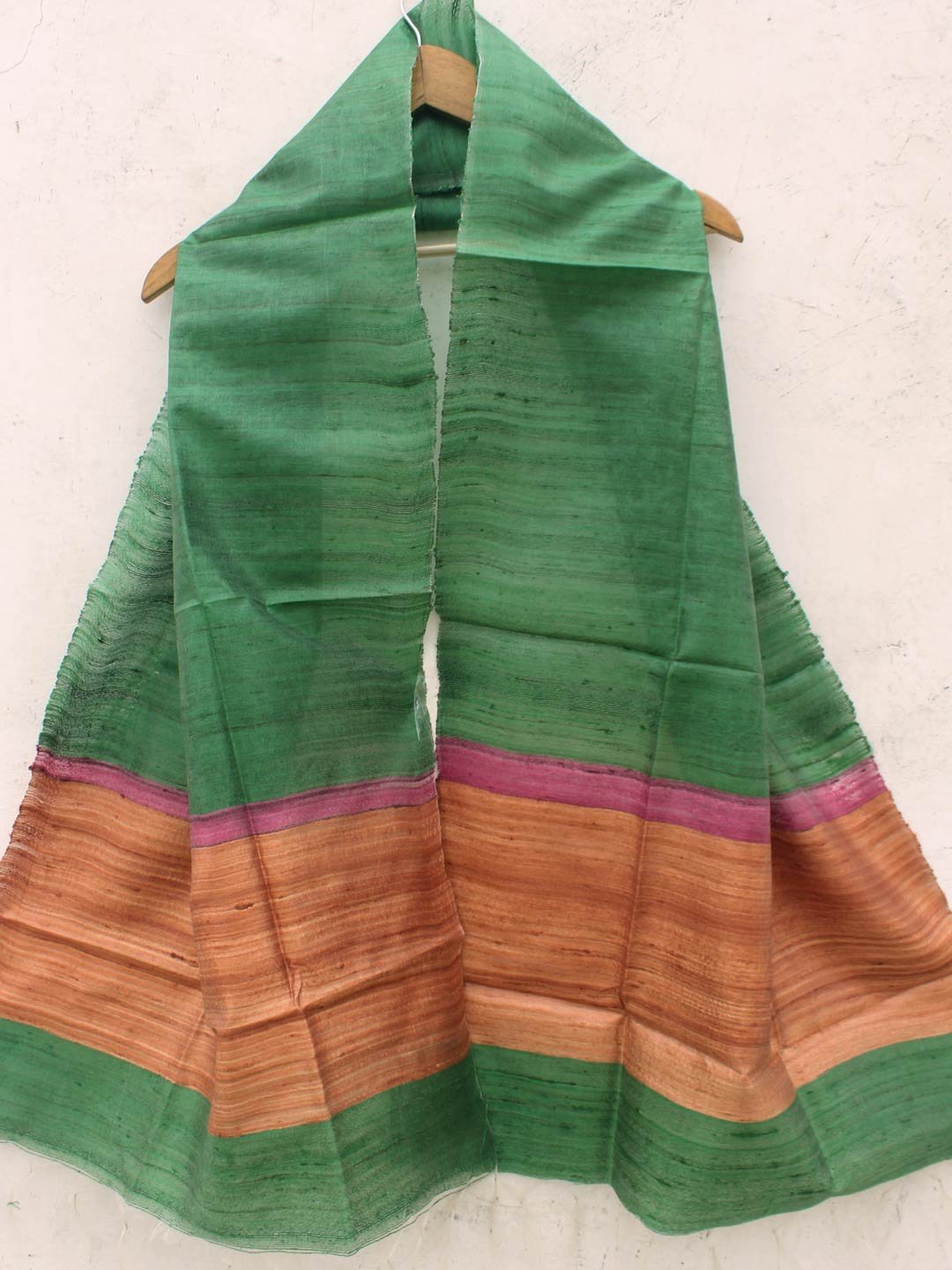Green-pink-and-brown-ghicha-tussar-silk-stole.jpg Green, pink and Brown Tussar silk Stole - Image 1