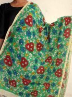 Green, red, yellow Chanderi pen-Kalamkari Dupatta
