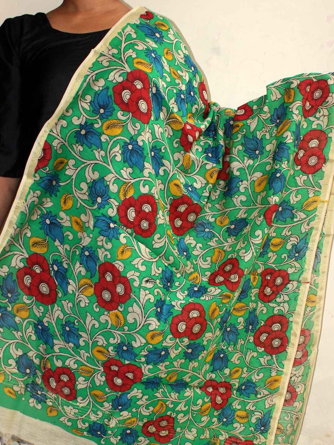 Green-red-yellow-handpainted-chanderi-kalamkari-dupatta-shilphaat.jpg Green, red, yellow Chanderi pen-Kalamkari Dupatta - Image 1