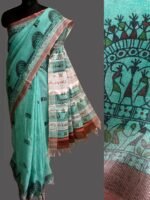 Green and Wine-Red Warli Linen Sari