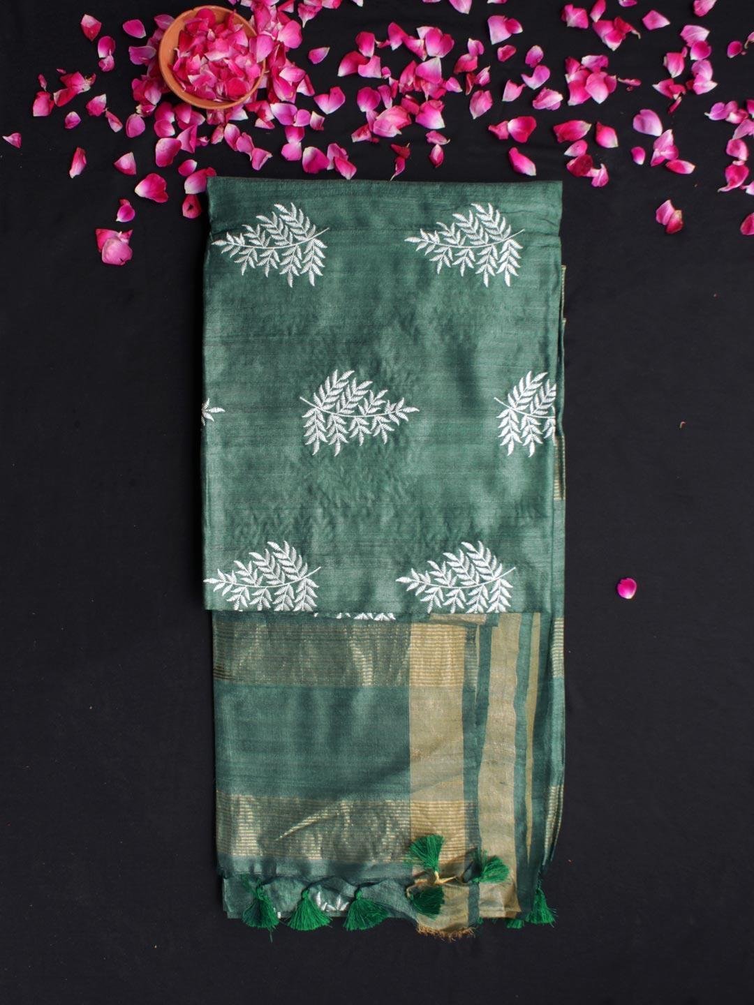 Hunter-Green-and-white-embroidered-desi-kosa-tassar-silk-sari-Shilphaat.jpg Hunter-Green and White Desi tussar silk Saree - Image 1