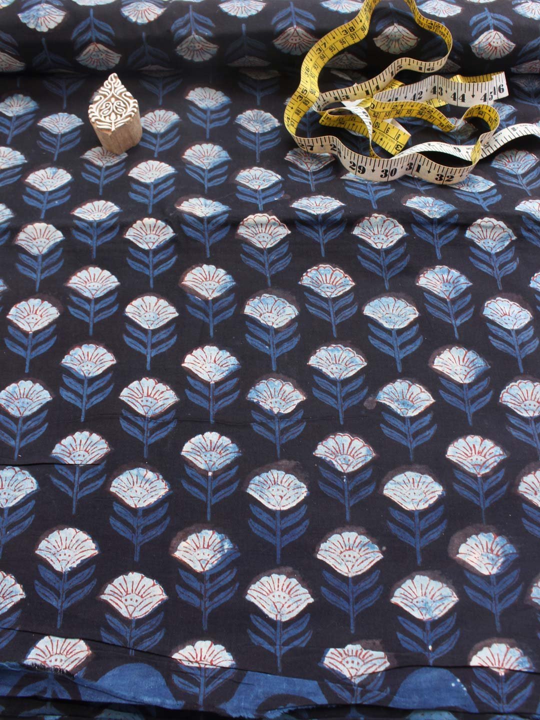 Indigo-and-Black-Bagru-Block-printed-cotton-shirt-fabric.jpg Indigo and Black Block-Printed Cotton Fabric - Image 1