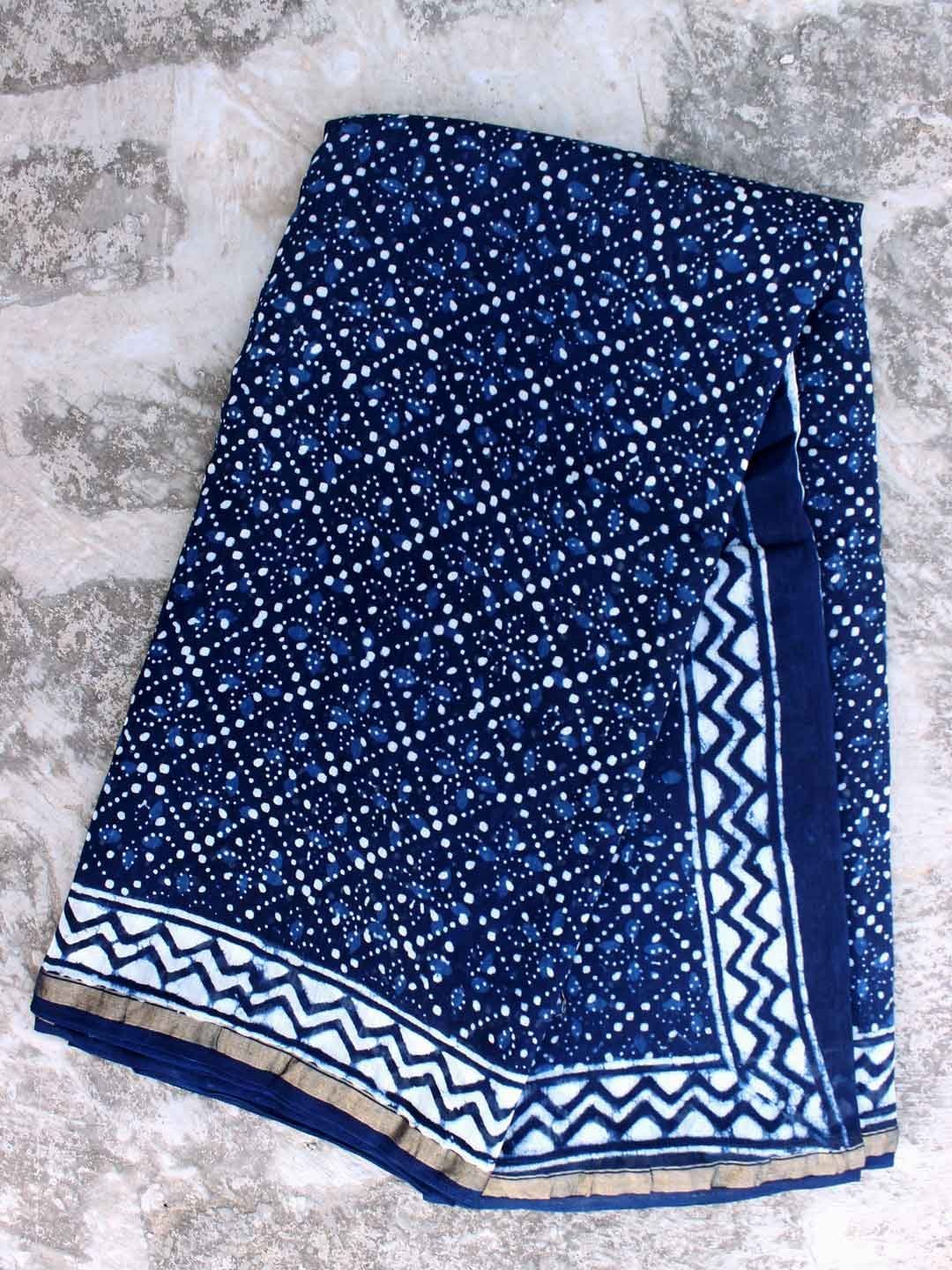 Indigo-and-white-block-printed-saree.jpg Indigo and white dabu-printed Chanderi sari - Image 1