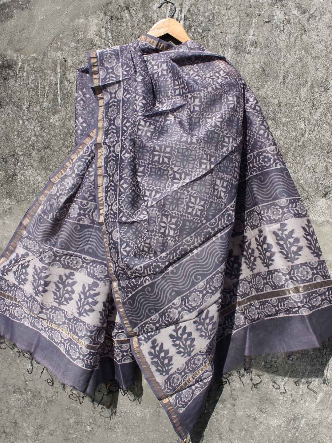 Indigo-grey-block-printed-chanderi-dupatta.jpg Grey-Indigo Block-Printed Chanderi Dupatta - Image 1