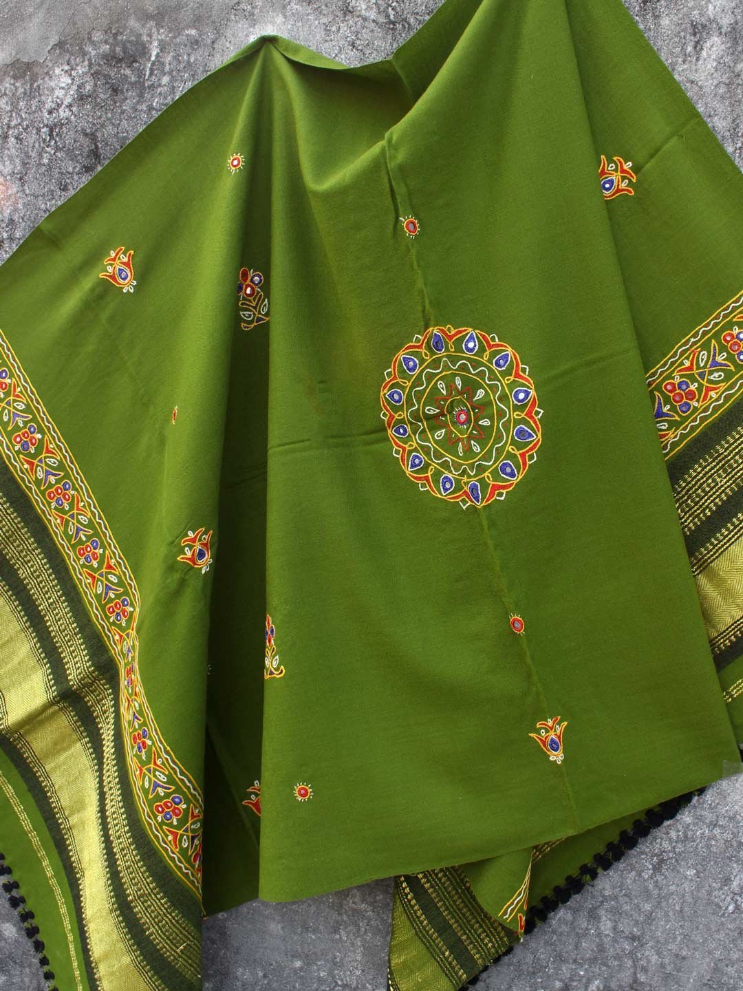 Juniper-green-Ahir-Handembroidered-woolen-Shawl.jpg Juniper-Green Ahir Handembroidered Woolen Shawl - Image 1